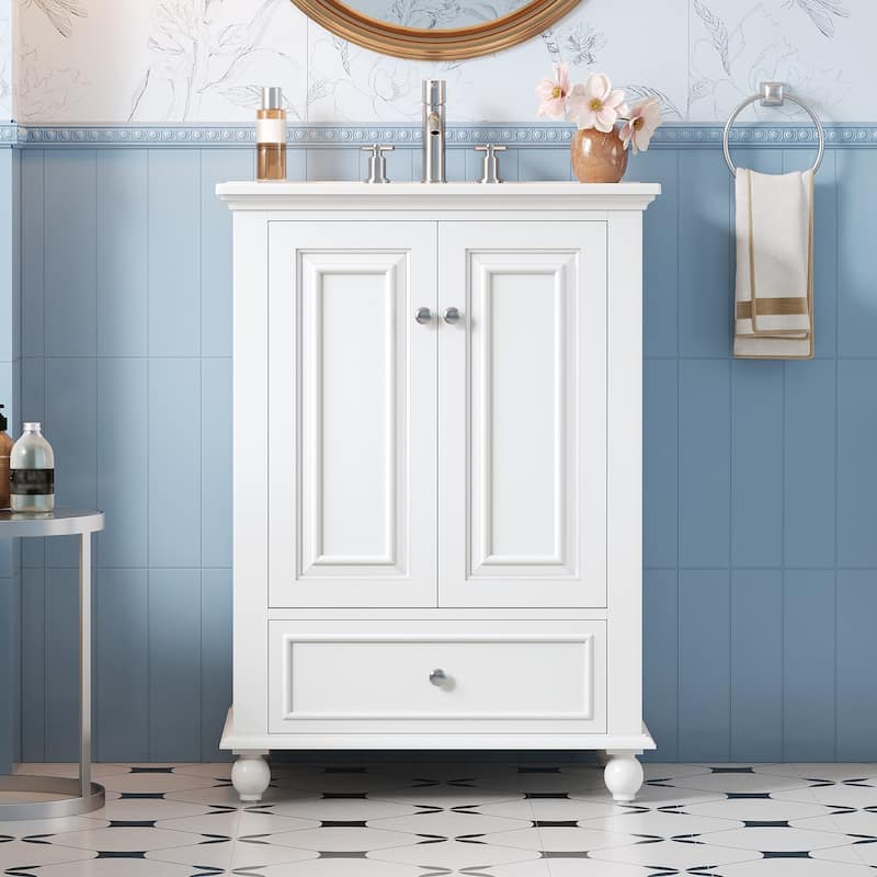 24" Bathroom Vanity with Ceramic Sink, Freestanding Storage Cabinet with Soft-Closing Doors & Drawer Dividers - White