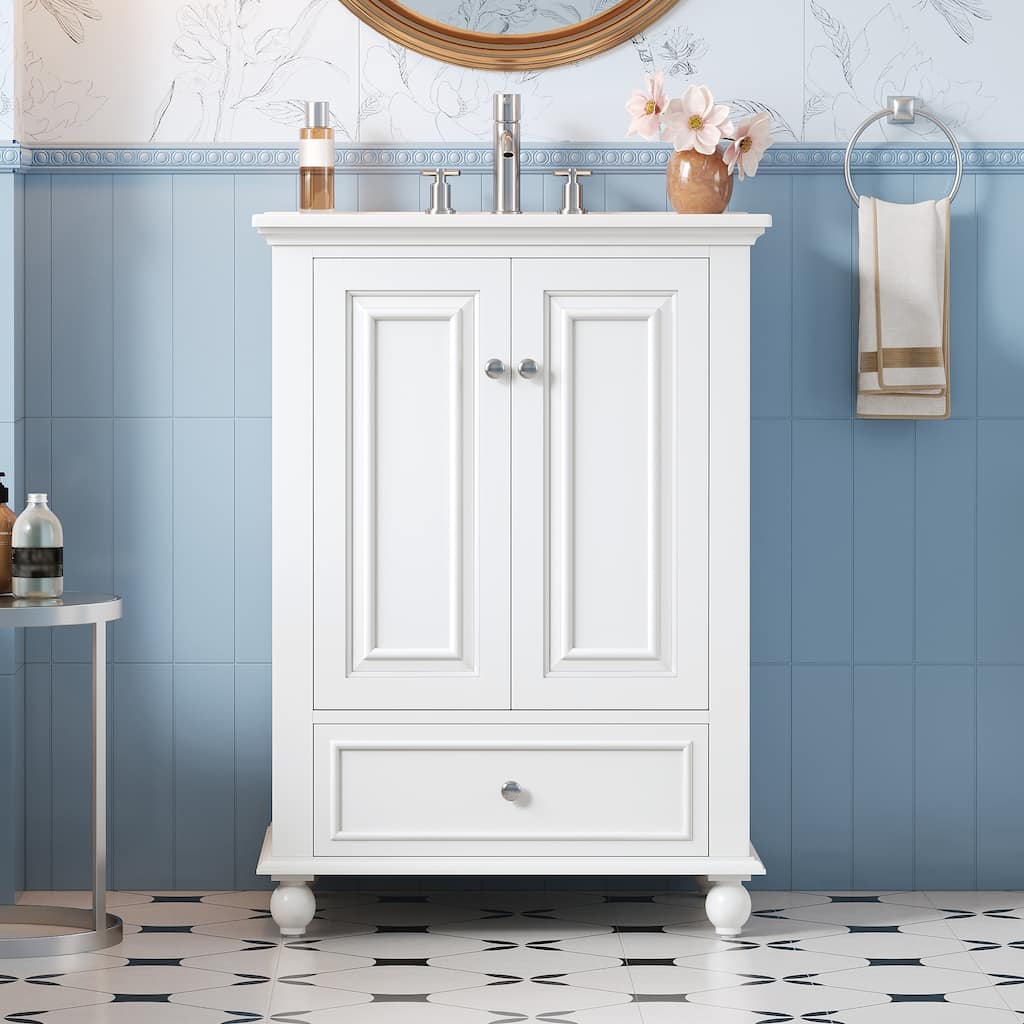 24" Bathroom Vanity with Ceramic Sink, Freestanding Storage Cabinet with Soft-Closing Doors & Drawer Dividers