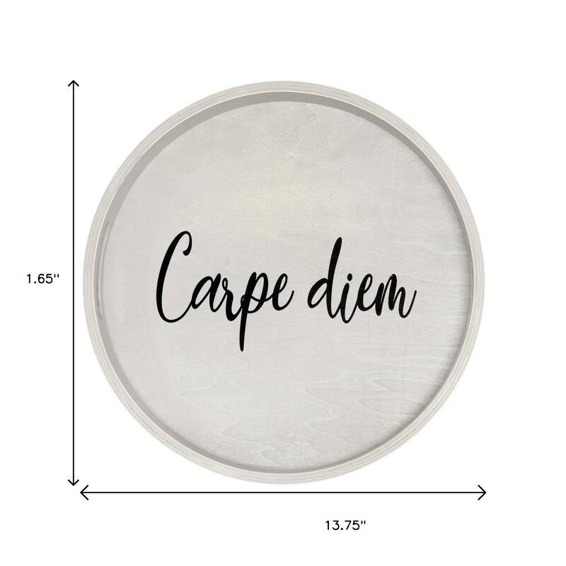 HomeRoots 14" Gray And Black Carpe Diem Round Serving Tray With Handles - 13.75 in. x 1.65 in. x 13.75 in.