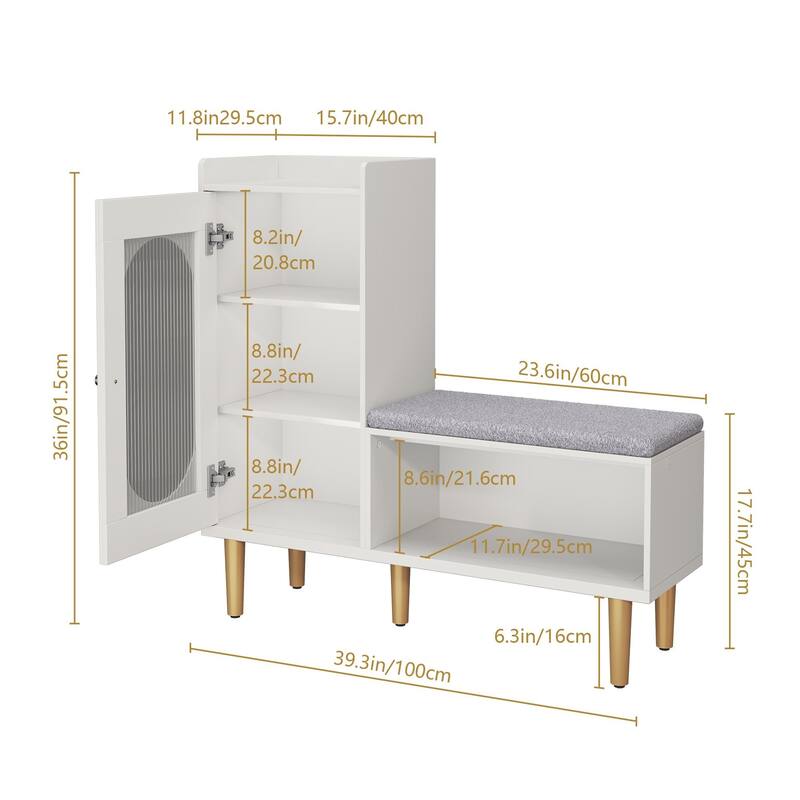 L-Shaped Shoe Storage Bench with Padded Seat, Modern Organizer with Glass Door and Shelf