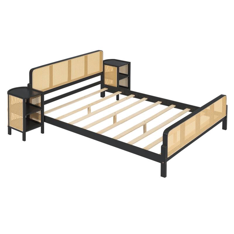 3 Pieces Rattan Platform Full Size Bed With 2 Nightstands Bed Bath