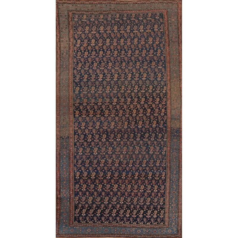 Hand Knotted Oriental 100% Wool Carpet Traditional Floral Navy Blue & Blues Malayer Area Rug - 13' 6'' X 6' 11''