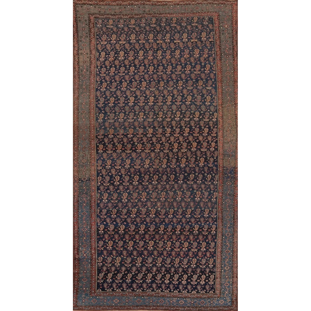 Hand Knotted Oriental 100% Wool Carpet Traditional Floral Navy Blue & Blues Malayer Area Rug - 13' 6'' X 6' 11''