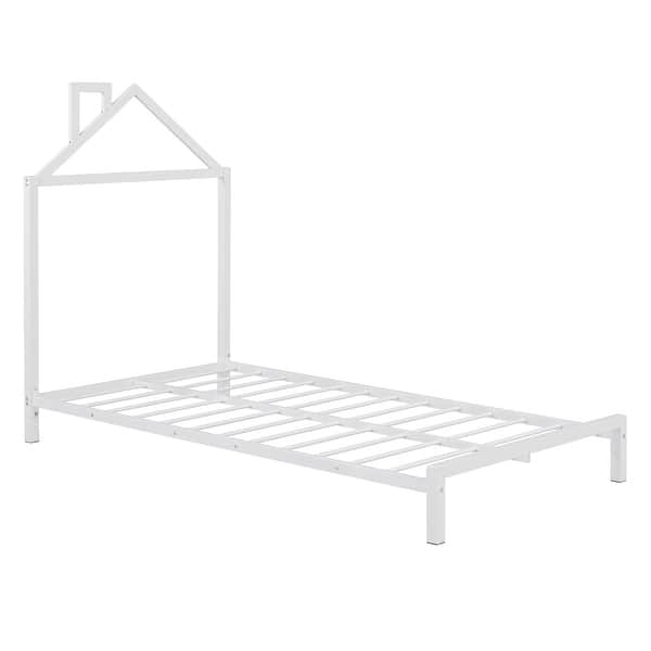 slide 2 of 9, Twin Size Metal Platform Bed with House-Shaped Headboard, White White - Twin