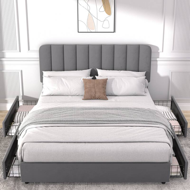 Javlergo Upholstered Platform Bed Frame with Storage Drawers and Adjustable Headboard, No Box Spring Needed - Grey - Queen