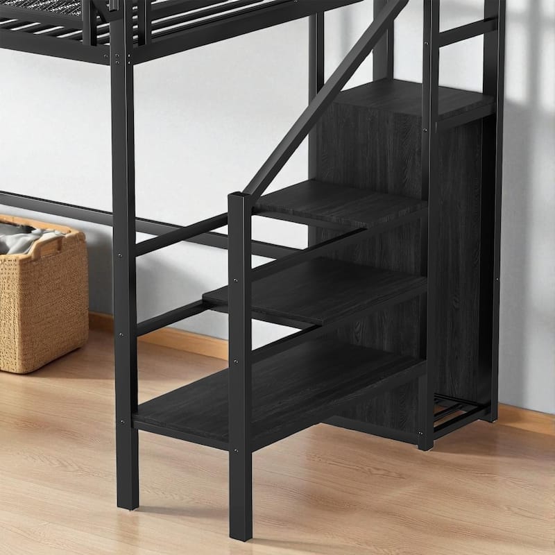 Twin XL Metal Loft Bed with Stairs, Storage Shelves and Wardrobe, High Loft Bed with Under-Bed Space