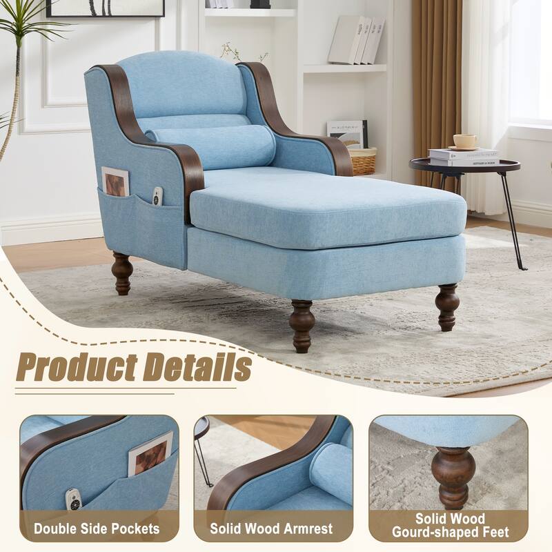 HOMEFUN Chenille Upholstered Wood Frame Oversized Chaise Lounge Single Sofa Bed with Side Pocket for Living Room,Bedroom