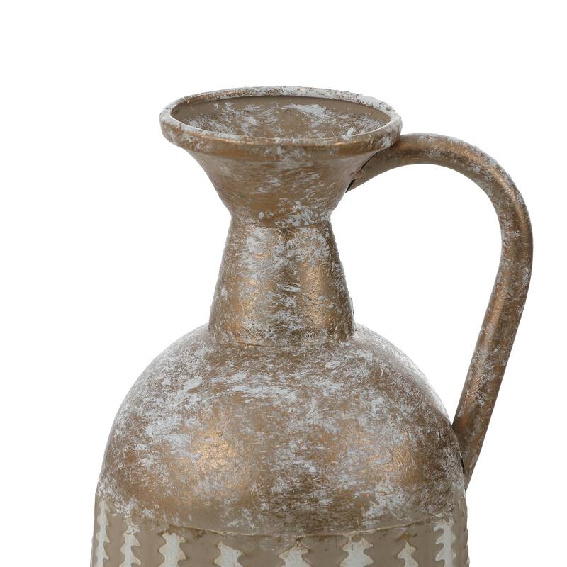 16.75-Inch H Distressed Tan and White Metal Table Pitcher Vase