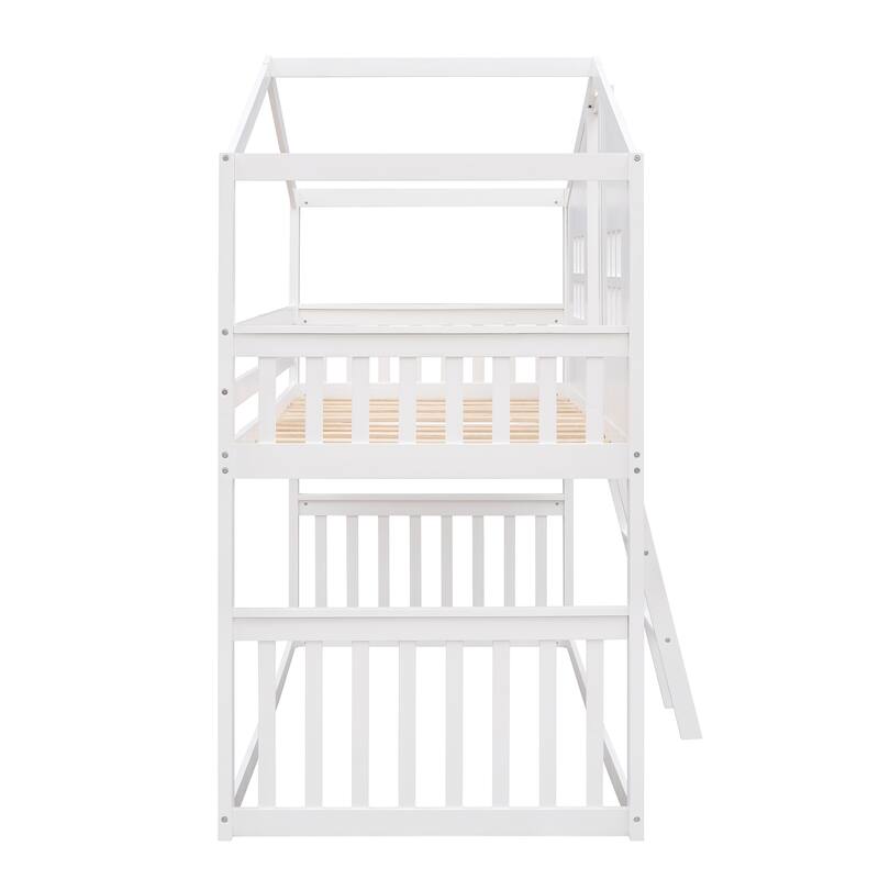 Twin Solid Pine House-Shaped Bunk Bed with Ladder