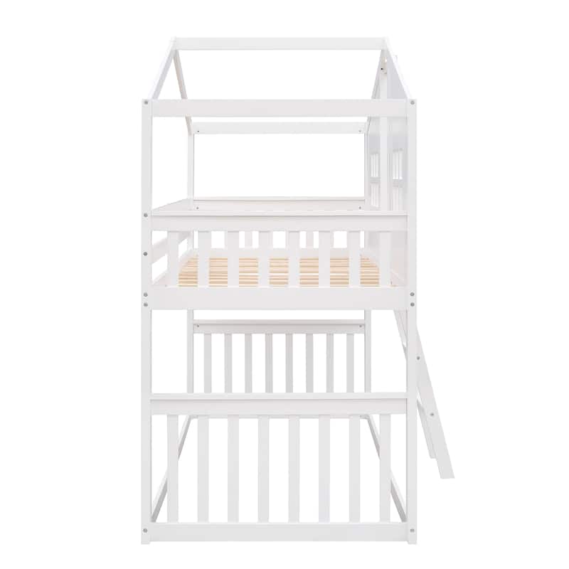 Twin over Twin House Bunk Bed with Ladder, Wood Bed