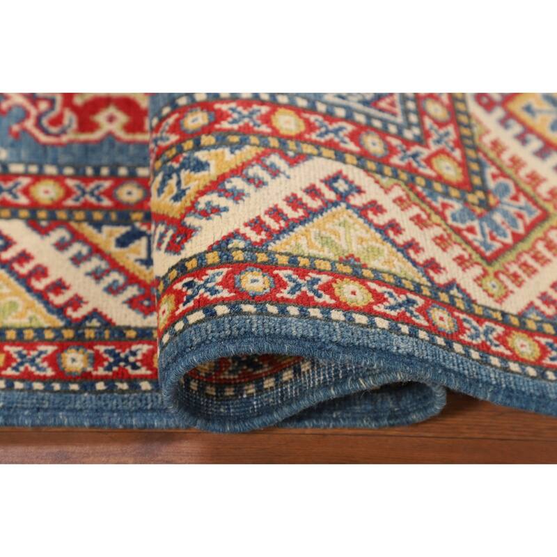 Blue Geometric Kazak Foyer Rug Hand-Knotted Traditional Wool Carpet - 2'10" x 4'1"