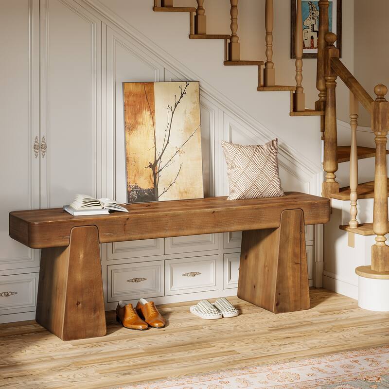47 Inch Solid Wood Entryway Bench with Shoe Storage, 2 Tier Shoe Rack, Rustic Bench for Kitchen, Dining Room, Bedroom, Hallway