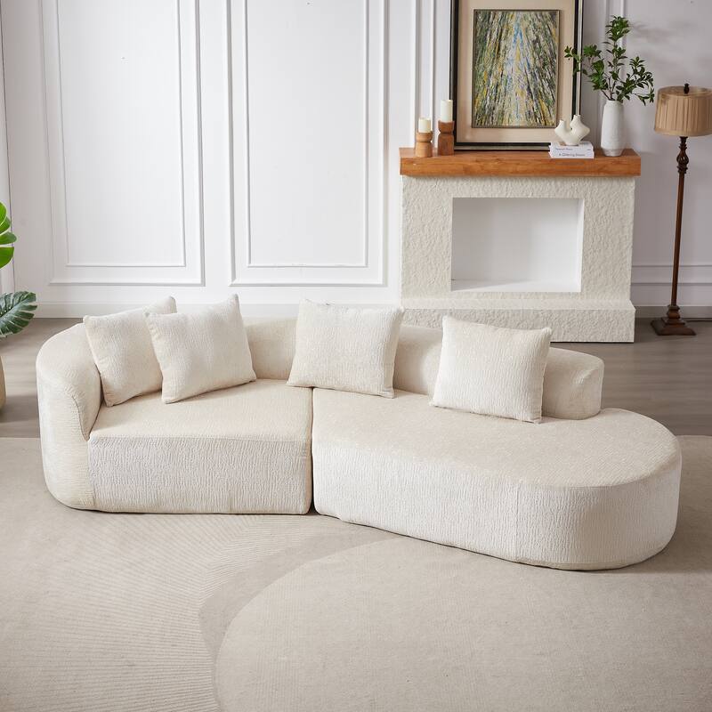 Curved Loveseat Sofa Chenille 4-Seat Cloud Couch with 4 Pillows - Beige - Left Facing