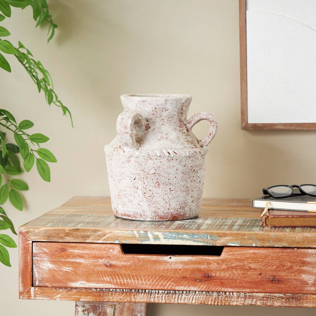 Cream Ceramic Antique Style Textured Decorative Vase with Arched Handles