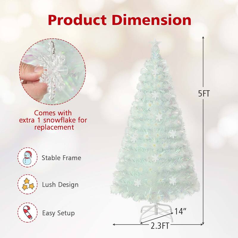 5/6/7FT Pre-Lit Fiber Optic Christmas Tree Decor Multi-Color Snowflake - 5 Foot
