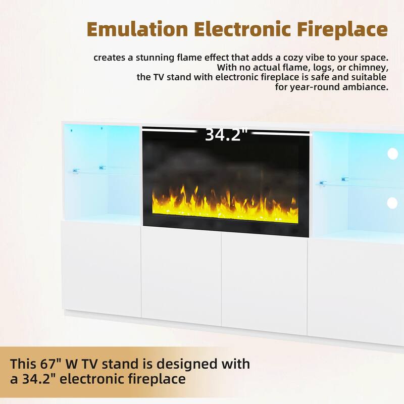 Stylish TV Stand with Non-heating Electric Fireplace, LED Lights & Glass Shelves for TVs up to 75"