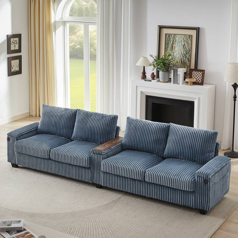 133-In Corduroy Sectional Sofa with USB Ports, Hidden Storage Arms, Flip-Top Cup Holders