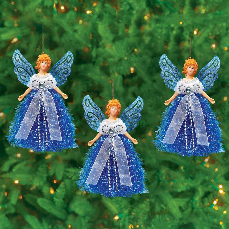 Festive Colorful Angel Christmas Ornaments - Set of 3 - 9.5 x 1.25 x 7 - Blue