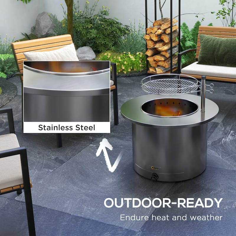 Outsunny 2-in-1 Smokeless Fire Pit, BBQ Grill, 25" Portable Wood Burning Firepit with Cooking Grate, Ash Tray & Poker, Low Smoke