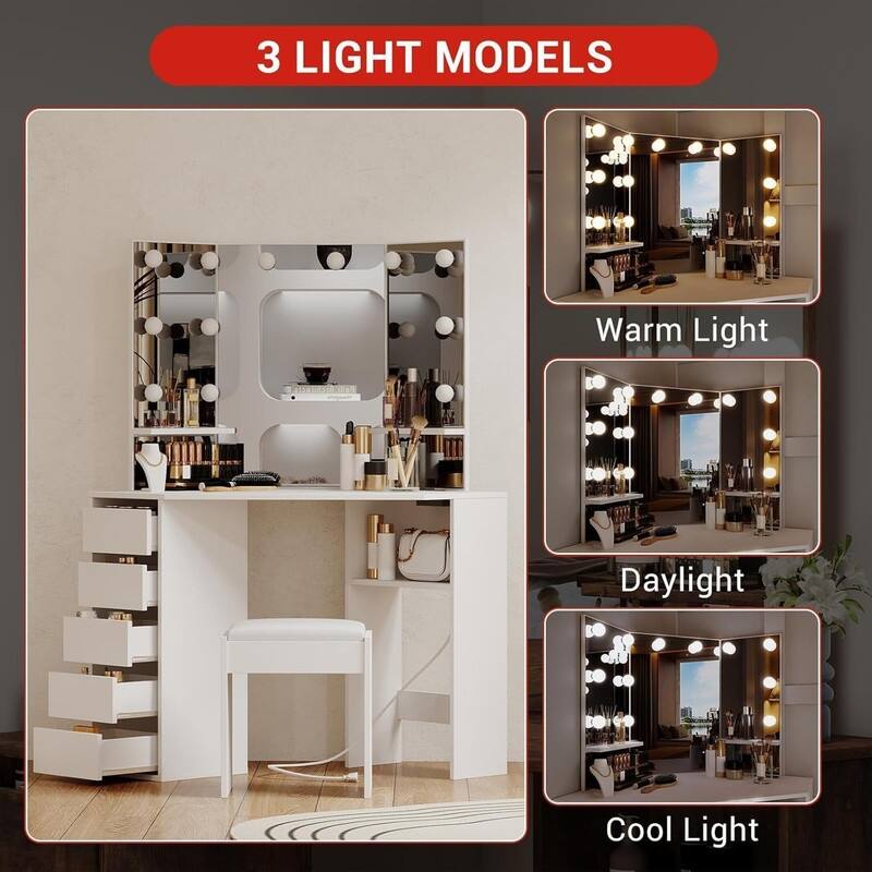Corner Vanity Desk with Lighted Mirror and Stool, 5 Drawers, Charging Station