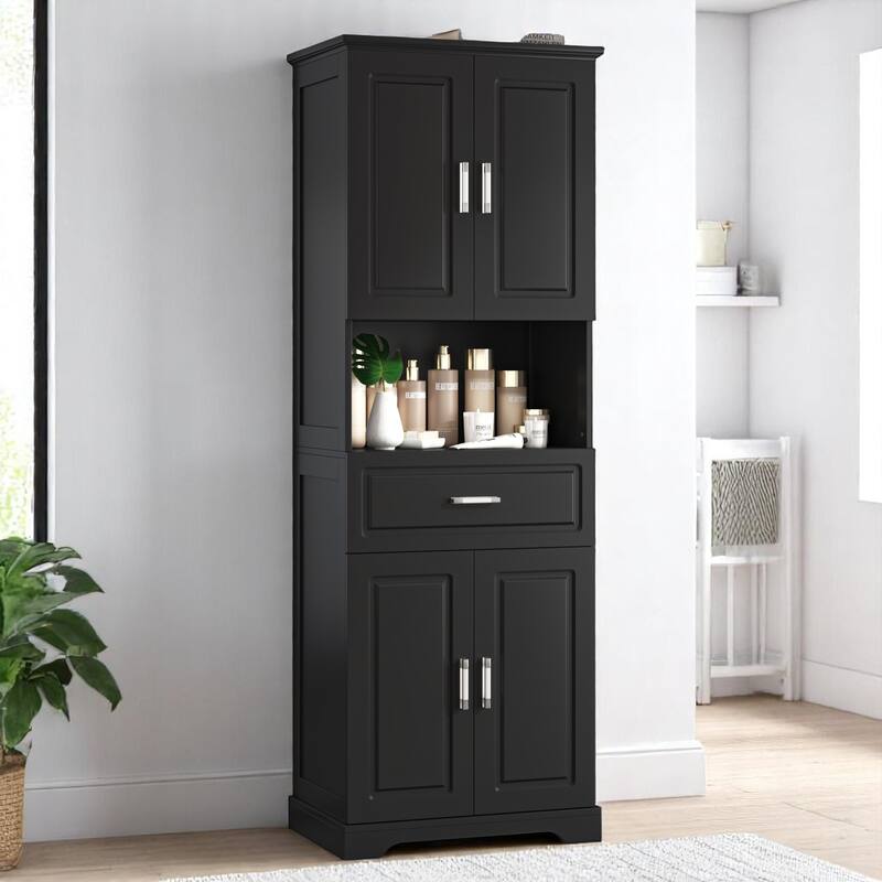 Tall Bathroom Storage Cabinet with 4 Doors, Adjustable Shelves & Open Shelf, Freestanding Organizer - Black