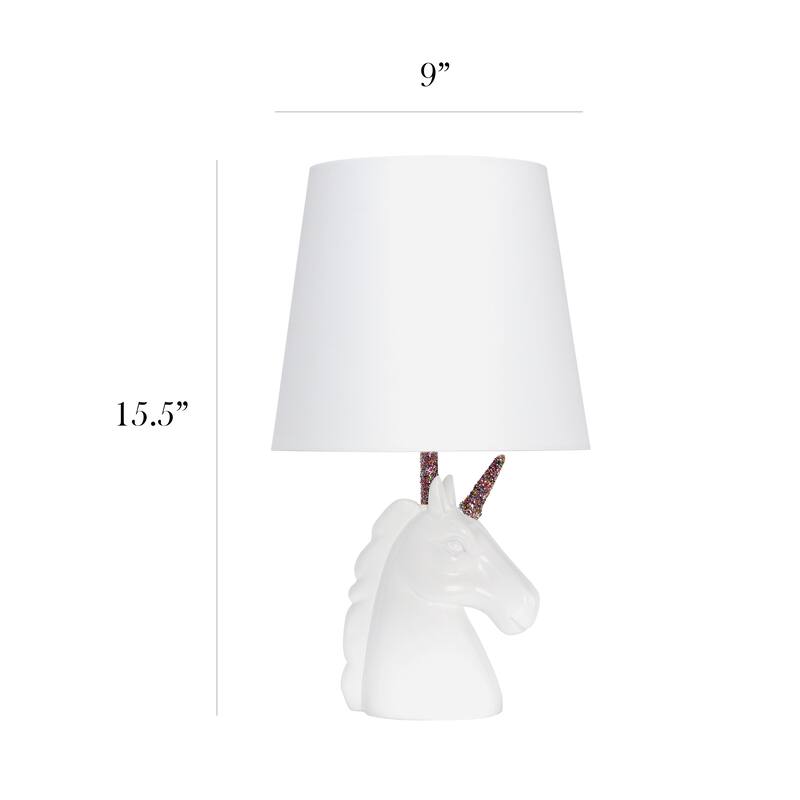 Simple Designs 15.5" Sparkling Glitter Unicorn Table Lamp, White with Blue Glitter, With LED Bulb