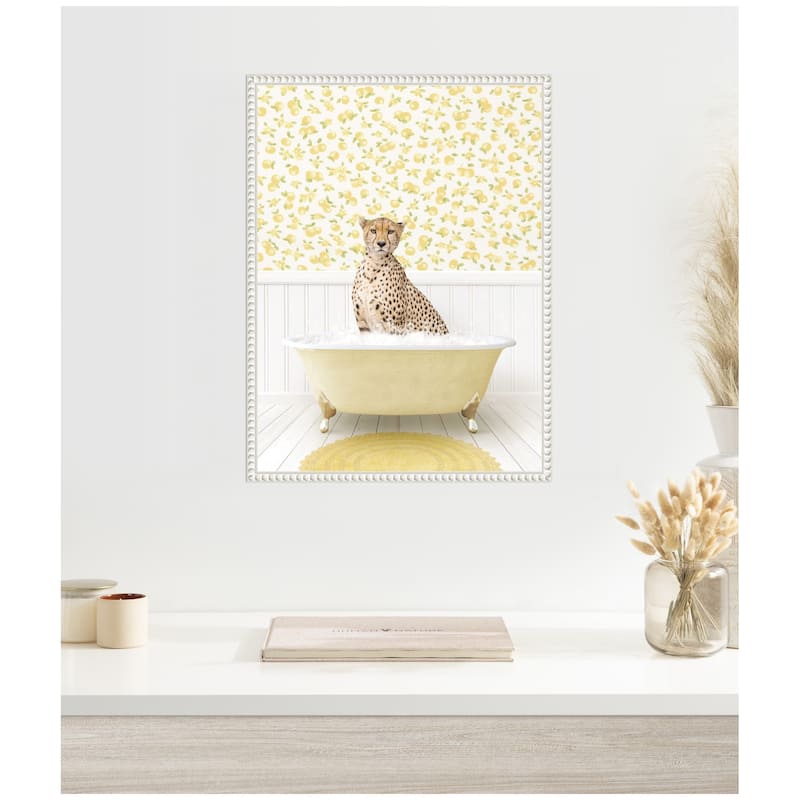 Kate and Laurel Sylvie Cheetah in Cottage Yellow Bathtub Framed Canvas by Amy Peterson
