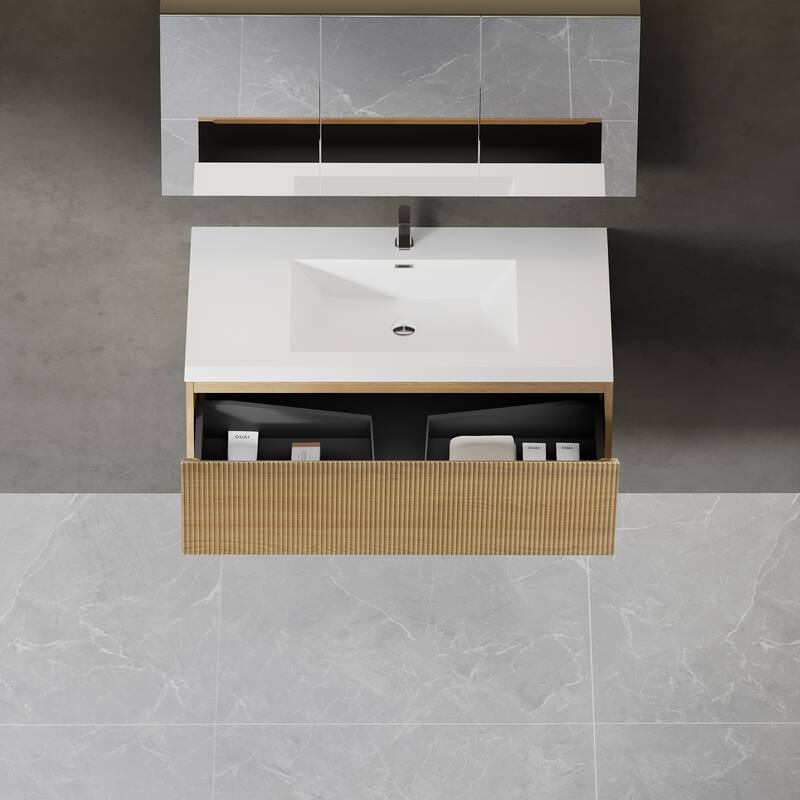 GDFStudio - Preston 42-Inch Floating Bathroom Vanity with Solid Surface Basin and Fluted Storage Drawer