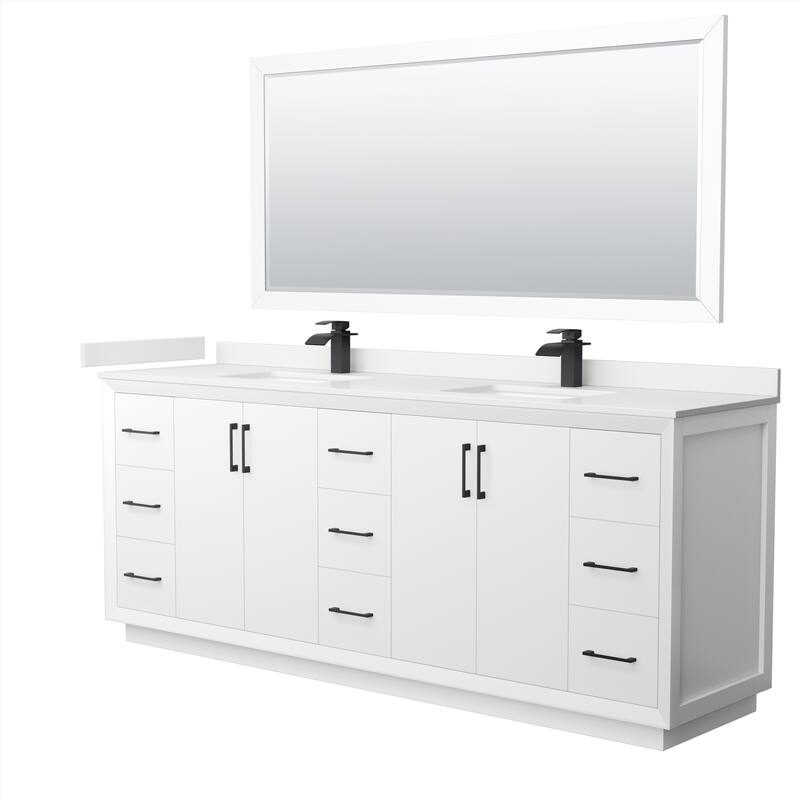 Strada 84-inch Double Vanity, Quartz Top, 70-inch Mirror - White, Black Trim, White Quartz Top