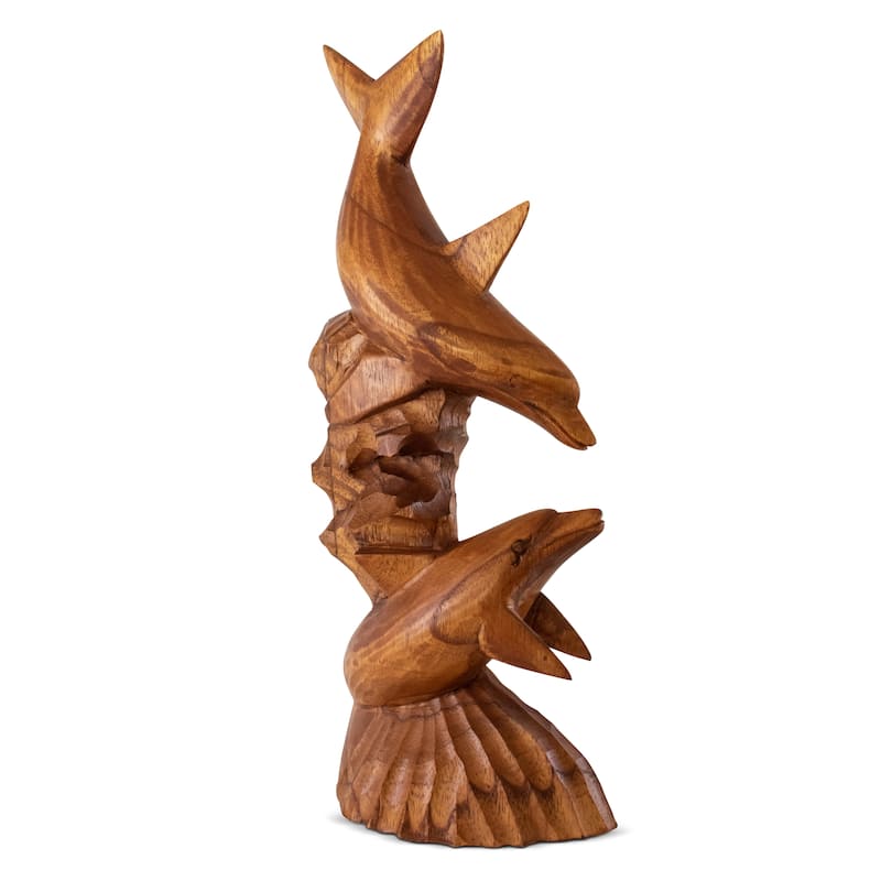 Wooden Hand Carved 2 Dolphins on Coral Statue Sculpture Wood Decorative Decor Figurine Handcrafted Handmade Seaside Tropical