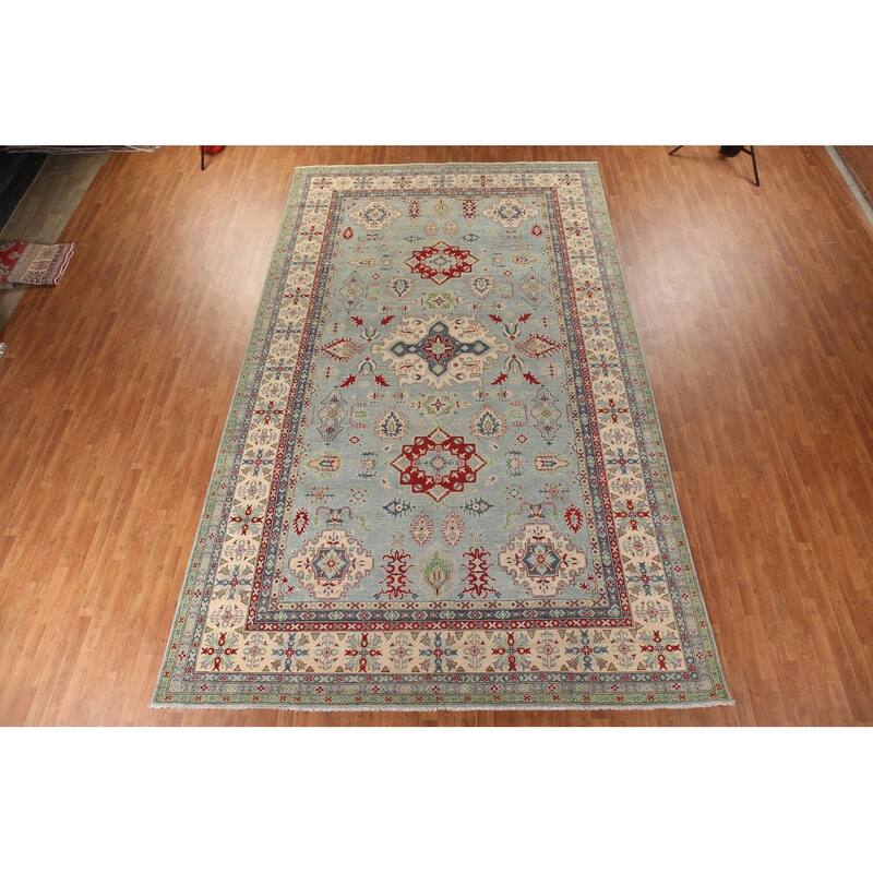 Hand Knotted Oriental 100% Wool Carpet Traditional Geometric Navy Blue & Blues Kazak Area Rug - 16' 3'' X 9' 9''