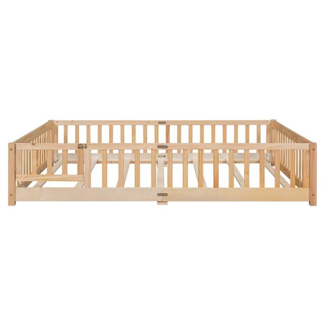 Twin/Full/Queen size Floor Platform Bed with Fence and Door for Kids, Toddlers