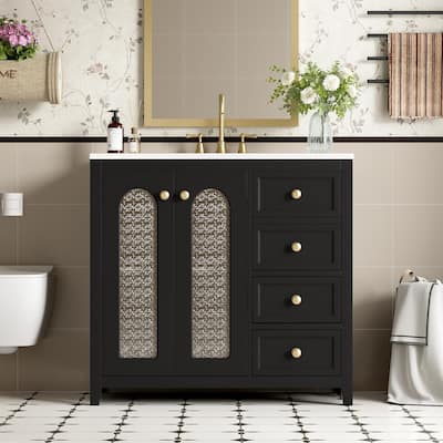 36" Bathroom Vanity Cabinet with Ceramic Sink Combo & Glass Doors, Black - 18.23 In. L X 36.02 In. W X 33.86 In. H