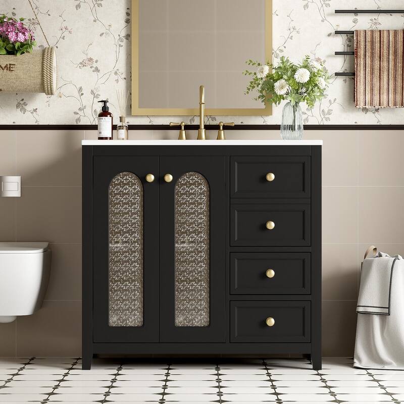 Bathroom Vanity with 2 Translucent Embossed Glass Soft Close Doors, 3 Drawers, Golden Handles and Adjustable Shelves - Black