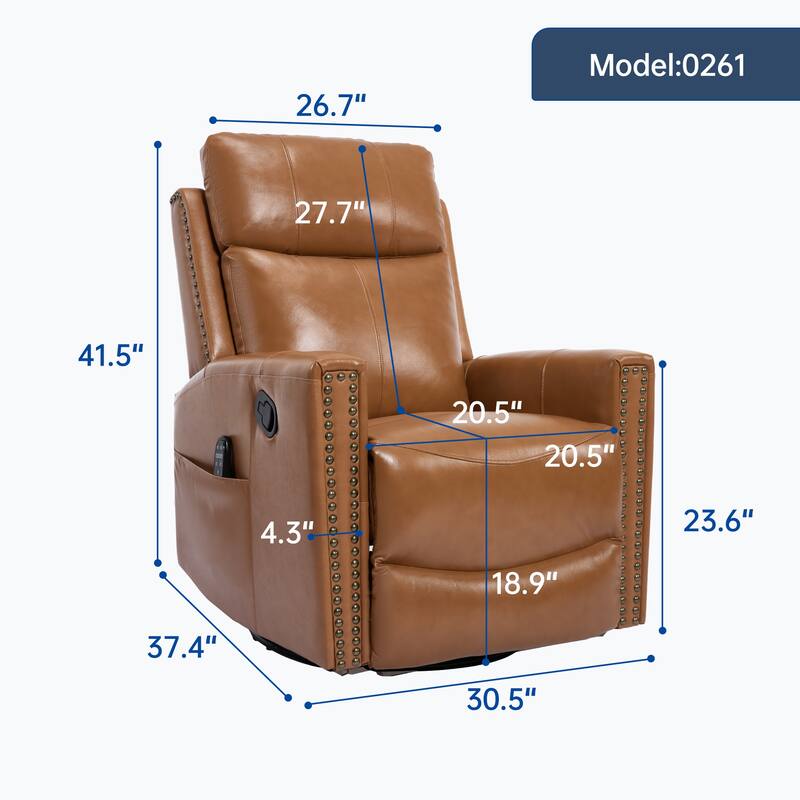 Roomfitters Genuine Leather Swivel Rocker Recliner, Manual Massage Glider with Heat and Top Grain Cowhide, Living Room