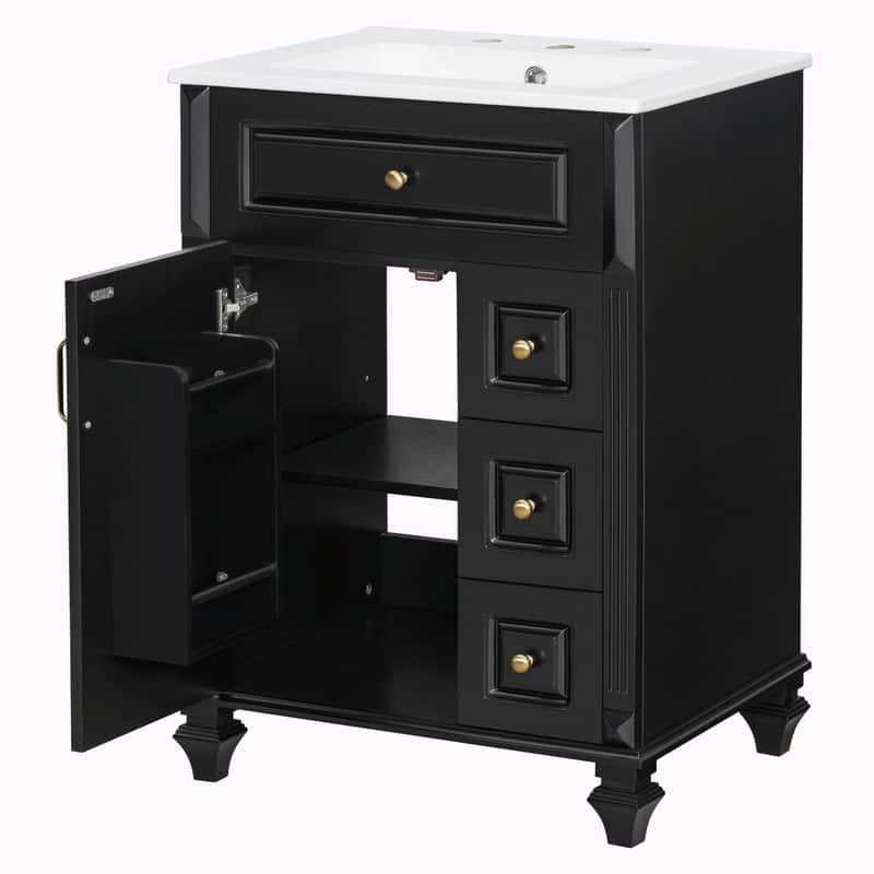 24" Bathroom Vanity with Sink, Freestanding Vanity Cabinet with Flip-Out Drawer, 3 Drawers, Ceramic Top