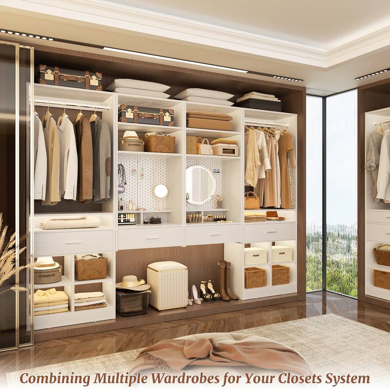 Set of 2 Closet System with Hanging Rod and 11 Open Shelves,Walk-in Closet Organizer with 2 Wooden Drawers and Magnetic Pegboard