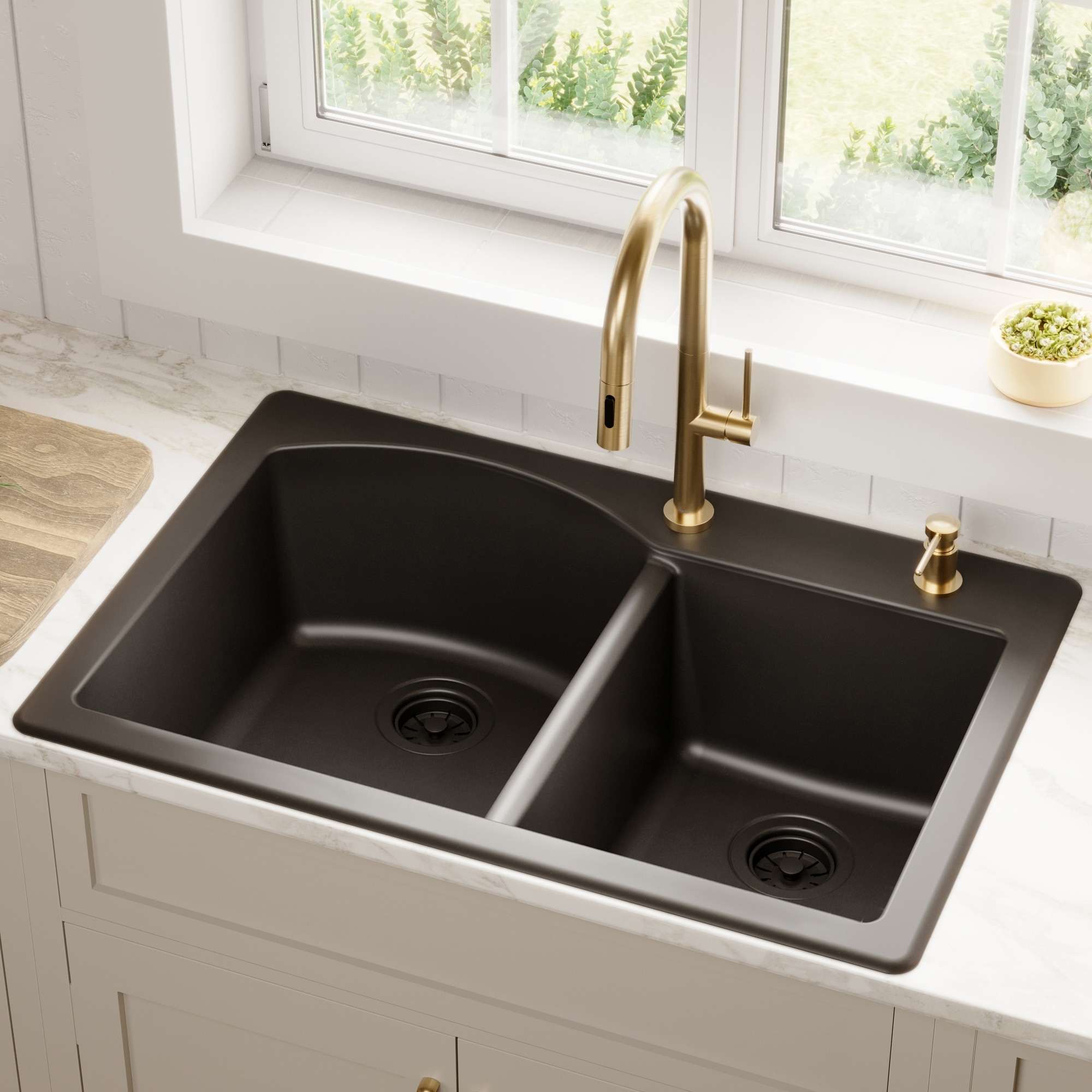 Top Mount 33-inch Large/Small Bowl Quartz Kitchen Sink - 33" x 22" x 9"