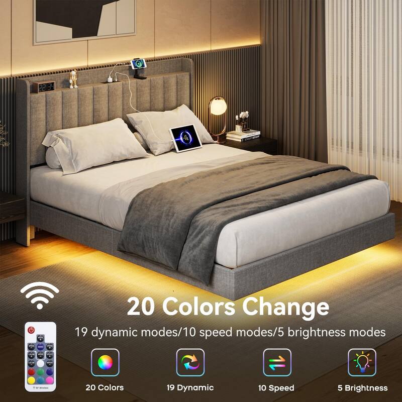 Floating Bed Frame with LED Lights, Upholstered Platform Bed Frame with Charging Station & Storage Headboard