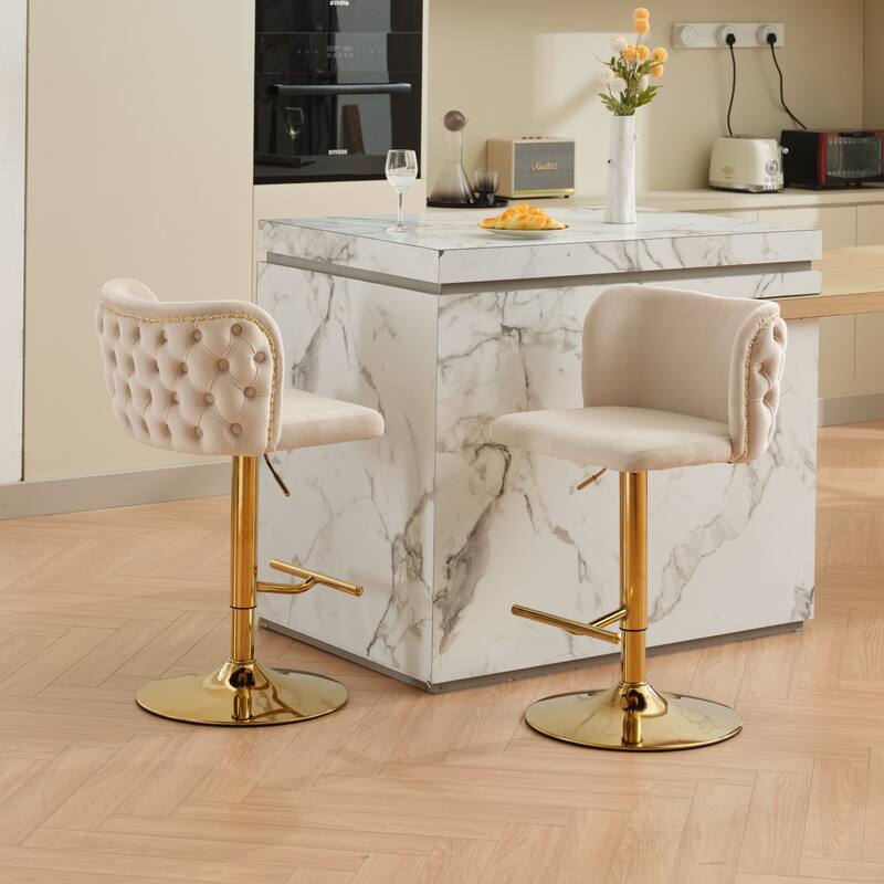 Swivel Barstools Adjusatble Seat Height With Gold-plating Base, Classic Velvet Upholstered Bar Stools with the whole Back Tufted - Beige