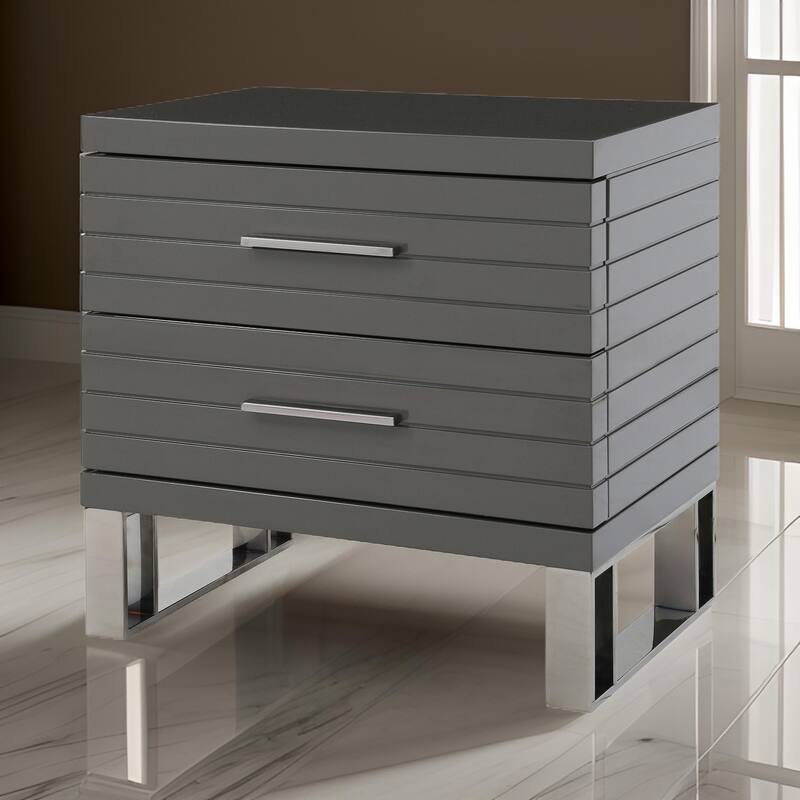 28 Inch Nightstand, 2 Drawers with Metal Handles, Slatted Design, Gray