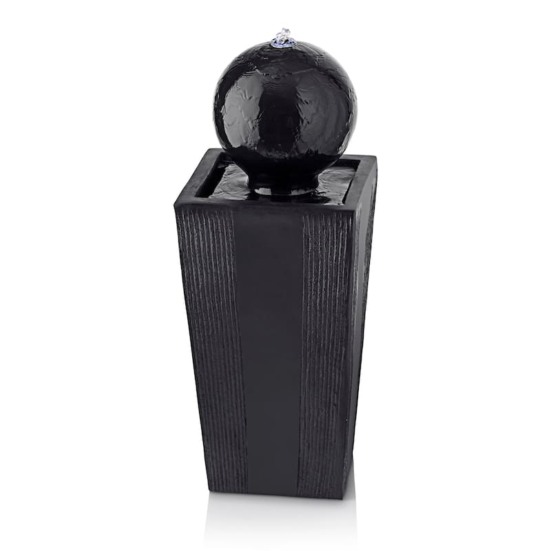 Alpine Corporation GIL786 33" Black Outdoor Modern Sphere Pedestal Water Fountain with LED Lights