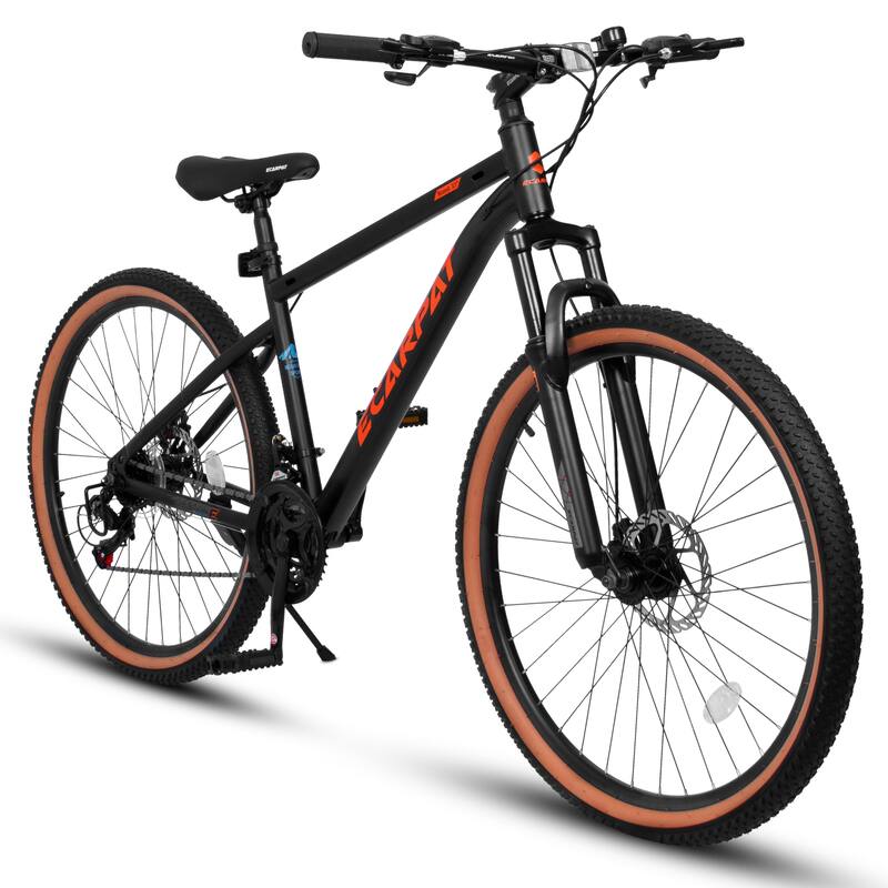 27.5 Inch Mountain Bike for Adults, Durable High Carbon Steel Frame, Disc Brakes, Stylish Brown Edge Tires - Black+Red