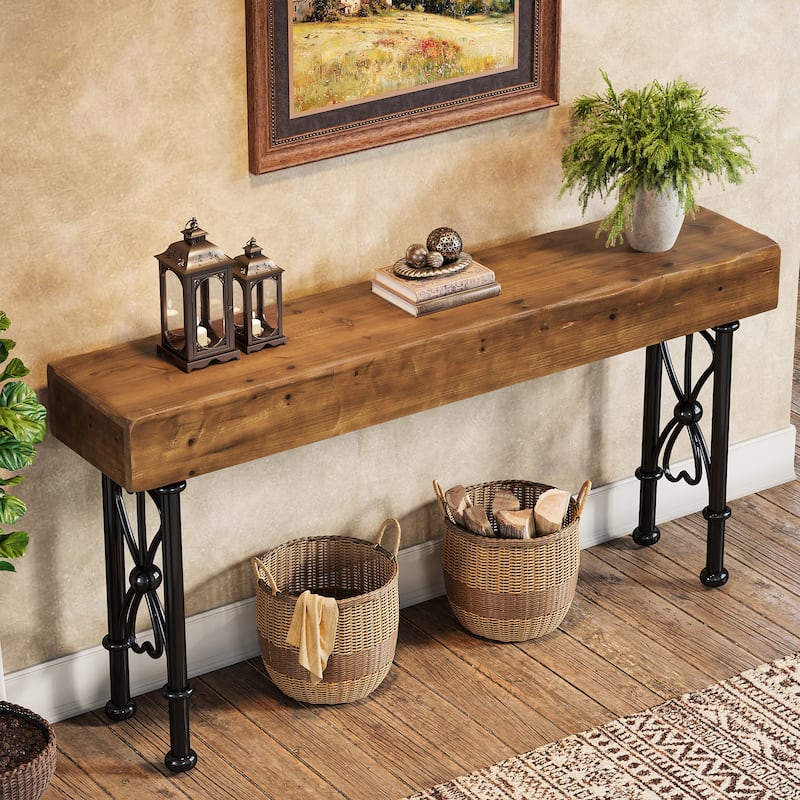 55" Farmhouse Console Table with Solid Wood Tabletop for Entryway