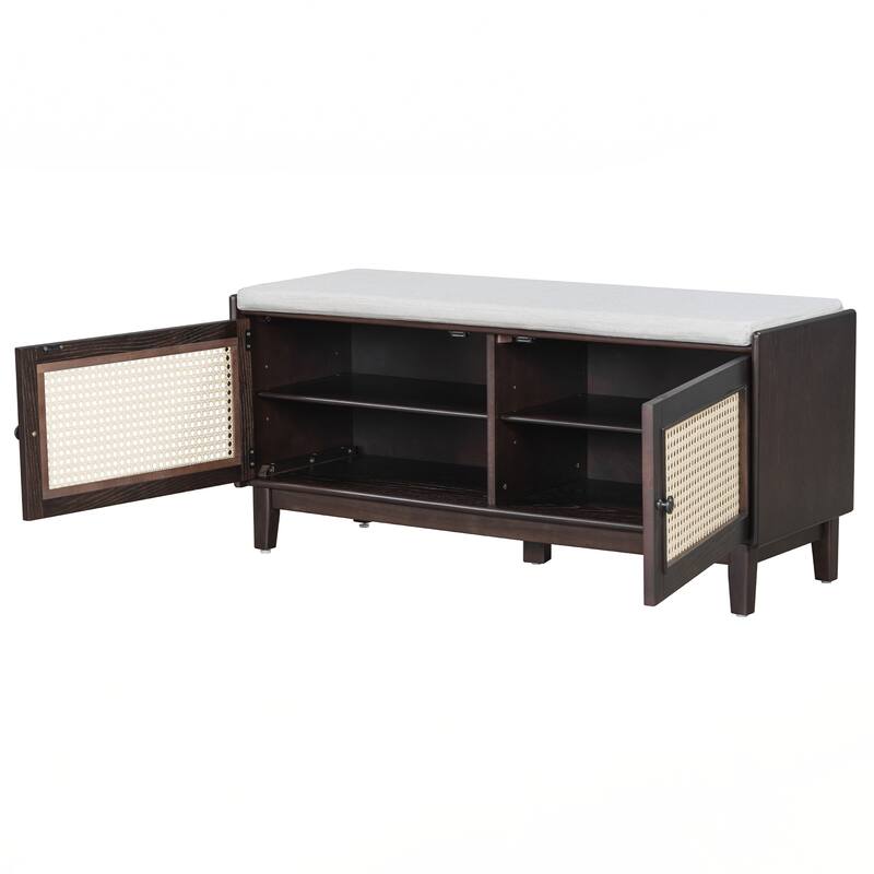 Rattan Entryway Bench with Storage, Cushioned Shoe Bench with Double Doors