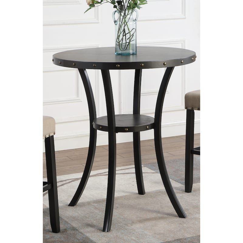 Cafe Dining Table Set Afternoon Tea Dining Table Set 36" Round Bar Table with 2 Nail Head Pub Chairs and Metal Legs for Balcony - Table Black Chair Beige