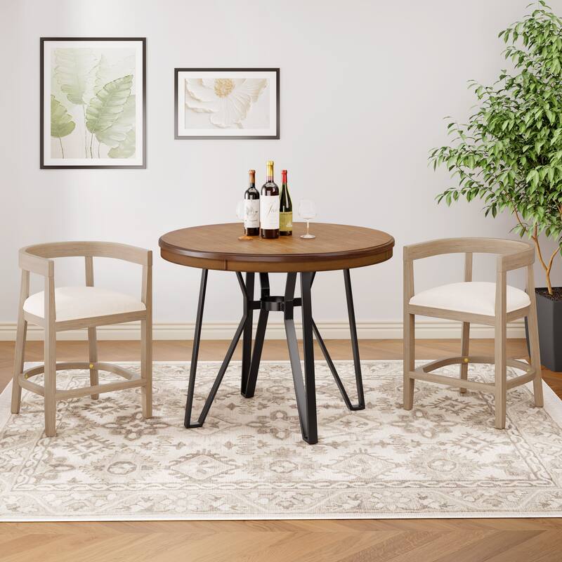 Christopher Knight Home - Riley Mid-Century Modern Round Bar Table and Rubberwood Counter Stools Set - Beige+Light Ash