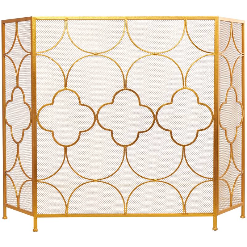 Metal Geometric Foldable Mesh Netting 3 Panel Fireplace Screen with Quatrefoil Design - Gold - Roche River Decor
