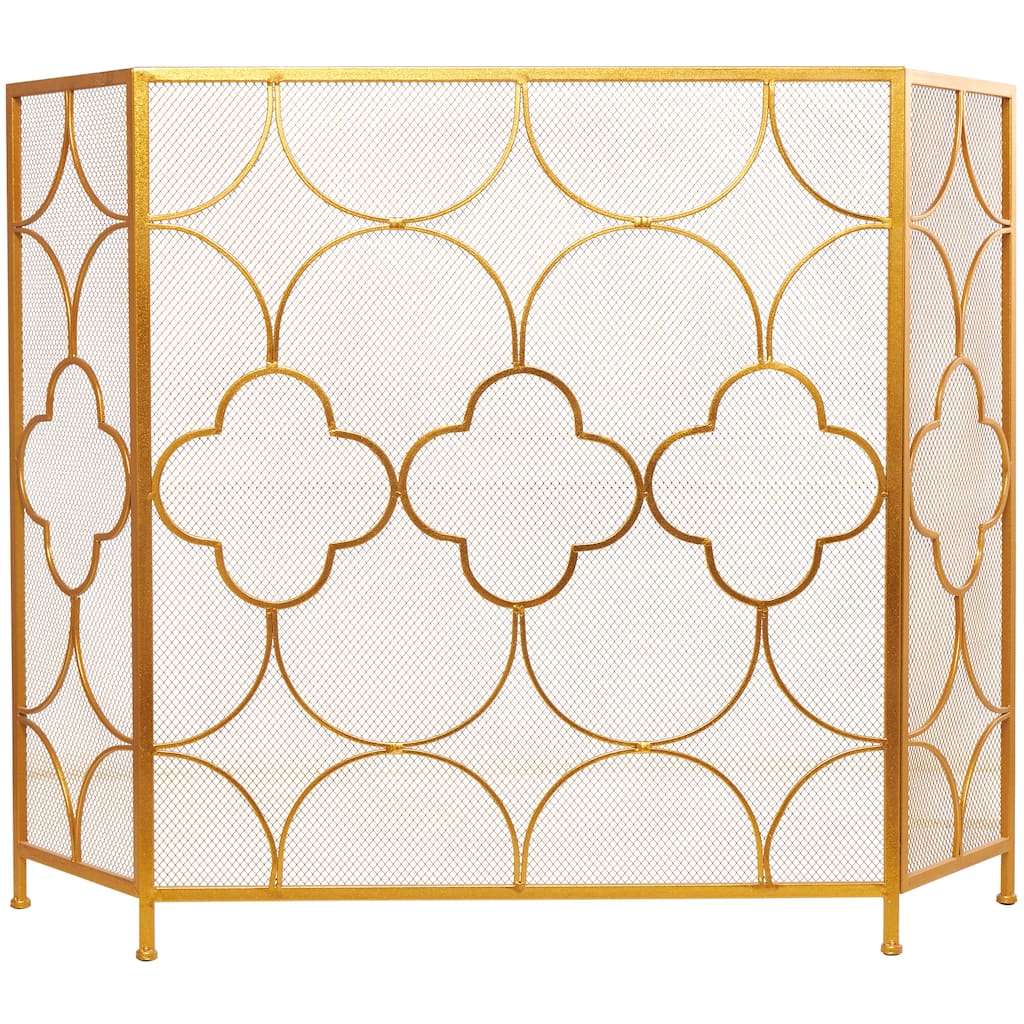 Metal Geometric Foldable Mesh Netting 3 Panel Fireplace Screen with Quatrefoil Design - Gold - Roche River Decor