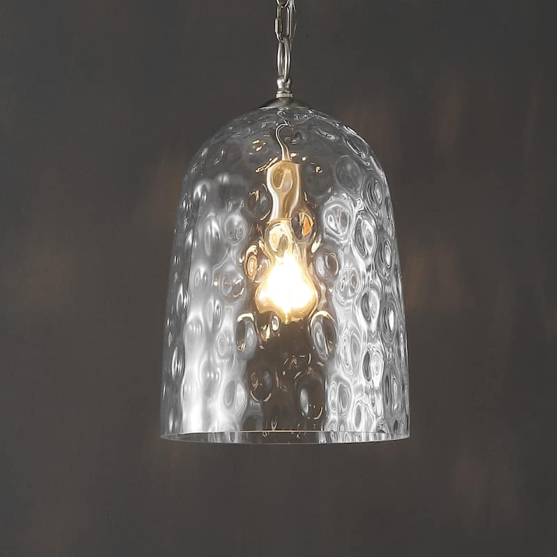 Plains 10" 1-Light Industrial Designer Iron/Dimple Glass Dome LED Pendant, Nickel/Clear by JONATHAN Y - Nickel/Clear - 10"